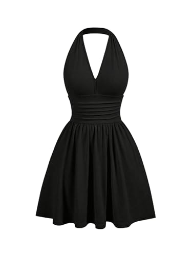 SweatyRocks Damen A Linie Kleid Neckholder Sommerkleid mit Rüschen Ärmelloses Trägerkleid Kurzes Skaterkleid Freizeitkleid Partykleid Schwarz L