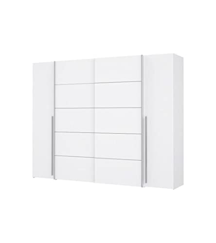 Forte Narago Schrank 270, weißer Kleiderschrank, Schwebetürenschrank mit Drehtüren, Weiß Matt, 270,3 cm breit x 210,5 cm hoch x 61,2 cm tief