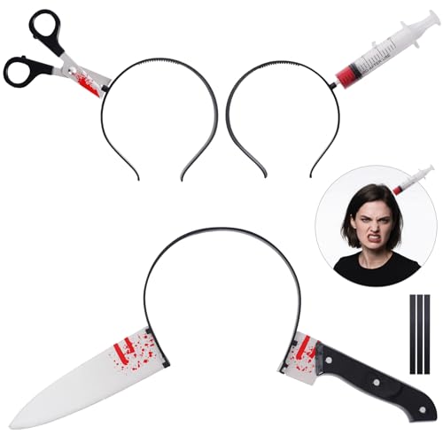 HSSPYY 3er Halloween Horror Haarreif Set – Blutiges Messer, Spritze & Schere – Lustige Kostüm-Accessoires für Erwachsene & Teenager – Gruseliges Faschings-Requisit
