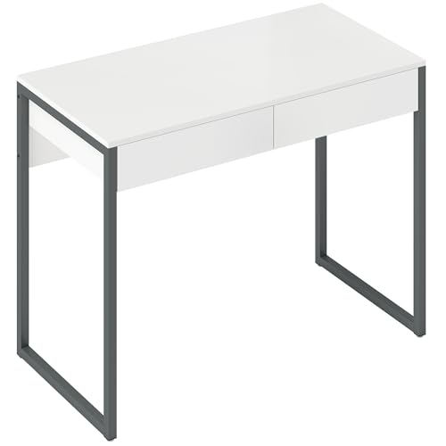 HOMCOM Schreibtisch mit 2 Schubladen, 100x50x75 cm, Schreibtisch, Computertisch, Stahlgestell, für Zuhause, Büro, kleine Räume, weiß glänzend