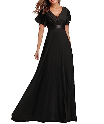 ECDAHICC Damen Abendkleider Gürtel V-Ausschnitt Hohe Taille A-Linie Chiffon Brautjungfernkleid Elegant Lang Ballkleid(BL,XL)