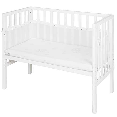 roba Beistellbett safe asleep® 2 in 1-45 x 90 cm - Höhenverstellbar - Komplettes Anstellbett mit Matratze + Canvas Barriere - Mesh Umrandung - Bett Set für Babys - Holz weiß