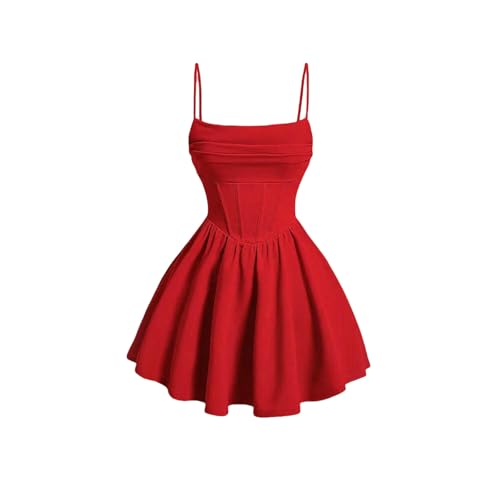 YIMAISZQ Kleid Frauen Mit Geringer Korsett Spaghetti -Riemen Und Flare Flowy Skater Mini Cami Kleid-rot-xs