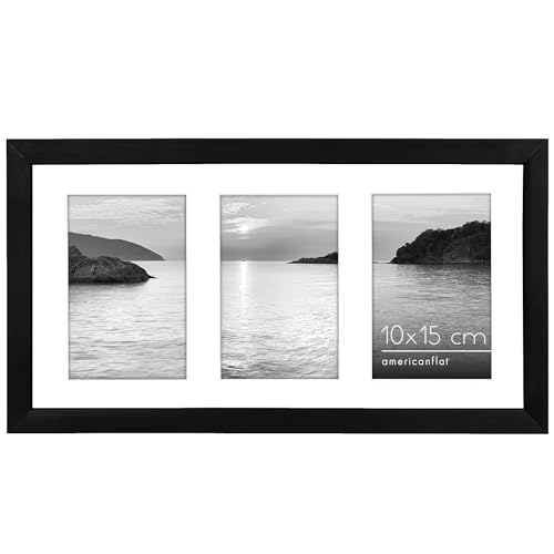 Americanflat 20x36 cm Bilderrahmen Collage - Zeigt Drei 10x15 cm Fotos an Ihrer Wand - Perfekt als Familien-Collage - Schwarz
