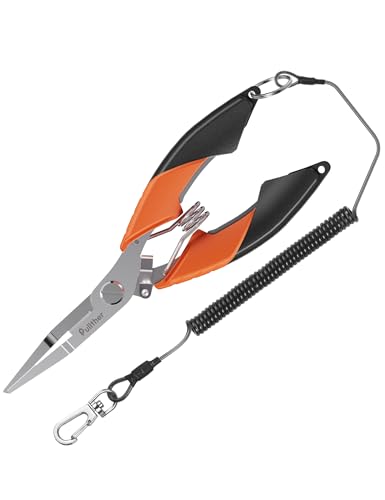 pullther Angelzange, Angelausrüstung, Angel Zubehör, Multifunktions-Angeln Zangen, rutschfest, Hakenlöser, PE-Schnurschneiden, Leicht, mit Stoßseil - Orange