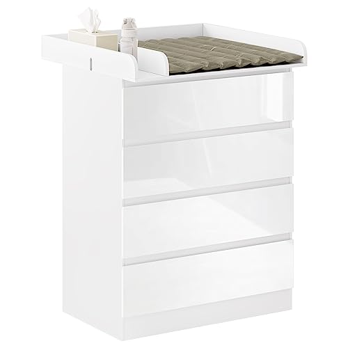 WOLTU Wickelkommode mit abnehmbarem Wickelaufsatz, Wickeltisch Baby, Wickelregal, Kommode mit 4 Schubladen, Höhe 110 cm, Weiß + Hochglanz