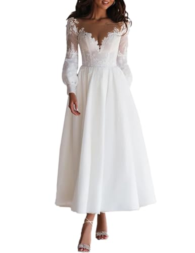 Beyonddress Frauen Spitze Brautkleider für Braut Teelänge Hochzeitskleider mit Ärmel Applique Tüll Brautkleider Langarm Brautmode,Elfenbein 02,DE38