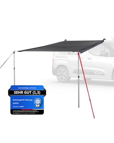 qeedo Motor Tarp Universal - für jedes Fahrzeug (3 Montage-Optionen) - UV-Schutz (UV80) Sonnensegel - inkl. Aufstellstangen, Saugnäpfe, Heringe und Abspannbänder - Für Camper, Campingbus, PKW