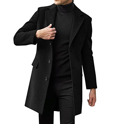 mantel herren schwarz lang, Trenchcoat Herren Lang Winter Mantel Warm Slim Fit Wintermantel Wollmantel Einfarbig Business Winterjacke Übergangsmantel Kerbkragen mit Taschen Overcoat, Schwarz, M