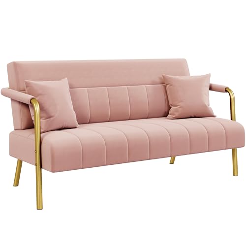 Yaheetech Polstersofa mit Armlehnen & Beine aus Metall Modernes Zweisitzer-Sofa mit 2 Lendenkissen Loveseat fürs fürs Wohnzimmer, Heimbüro Rosa