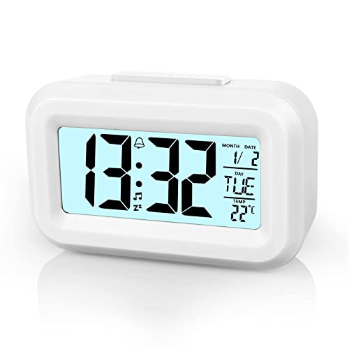 Vicloon Digital Wecker Nachttisch,LCD Display Tischuhr mit Snooze,12/24 Stunden,Datum,Temperaturanzeige,Timer-Funktion,Batteriebetrieben für Schlafzimmer Home Office Reisen(Weiß)
