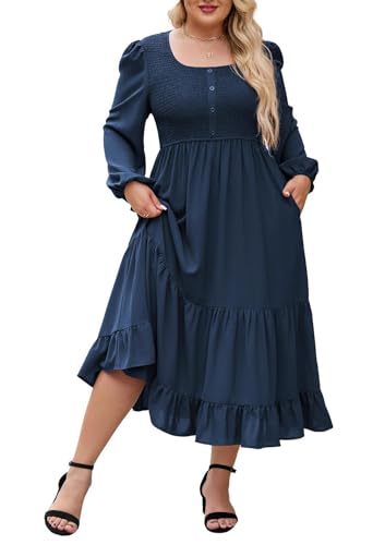 Damen A-Linien-Kleid in Übergröße, Herbst 2025, langärmeliges Midikleid mit quadratischem Ausschnitt und eleganten Stufenfalten