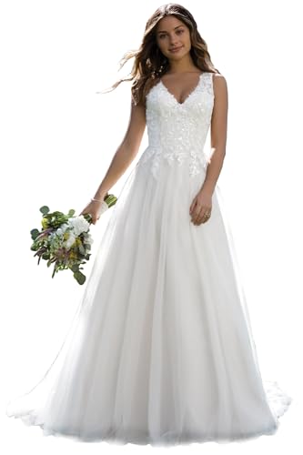 JAEDEN Brautkleider Damen V-Ausschnitt Braut Standesamtkleider Lang Tüll Hochzeitskleider A-Linie Weiß 40