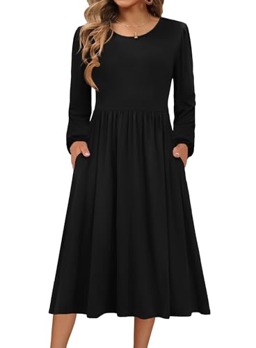 Zeagoo Strickkleid Damen Kleid Langarm Herbstkleid Elegant A-Linie Winter Kleider Rundhals Lockeres MidiKleid Tunikakleid mit Taschen Schwarz L