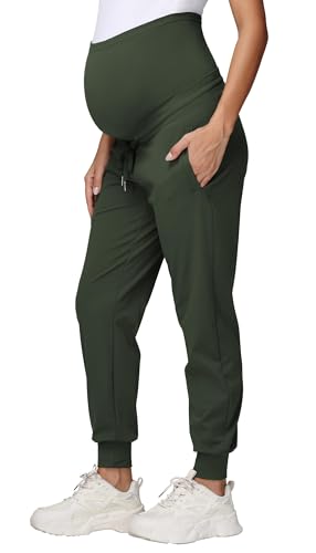 Gowjog Damen Umstandshose Jogginghose Sweatpants Kordelzug Taschen Schwangerschaft Hosen Laufen Lounge Workout Hose (Armeegrün,L)