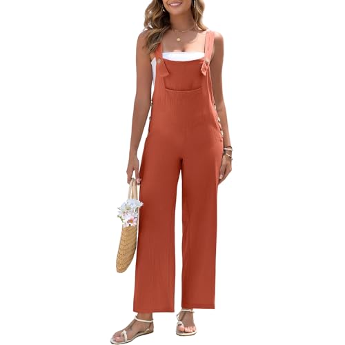 HOTIAN Latzhose Damen Leinen Sommer Elegant Jumpsuit Leinenhose Lang Casual Lose Overall mit Große Taschen Bib Pants Red S