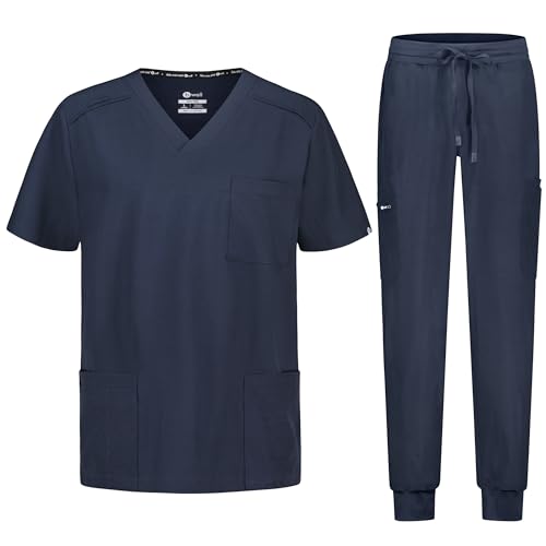B-well MATTEO Herren-Schrubb-Set Schlupfkasack + JoggeR Hose Set Medizin Arzt Uniform Medizinische Berufsbekleidung mit Elastan (DE/NL/SE/PL, Alphanumerisch, S, Regular, Regular, Grau)