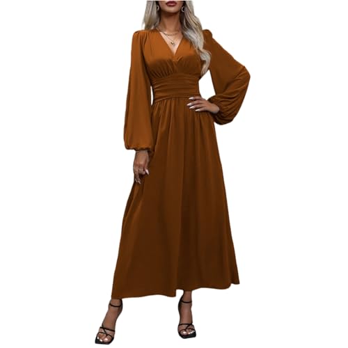 Herbstkleid Damen Lang Elegant V-Ausschnitt Wickelkleid Laternenärmeln Abendkleider Langarm Tunika Kleid Hohe Taille Festlich Maxikleider A-Linie Freizeitkleider Braun S