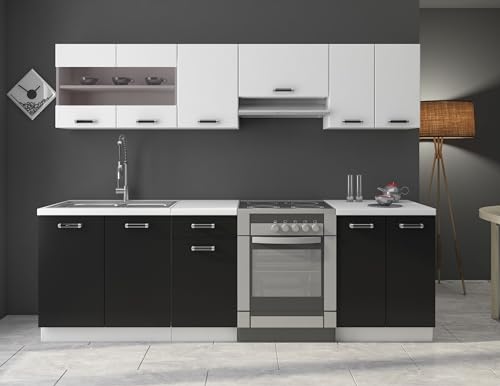 Kuechen-preisbombe Küche Omega 240 cm Küchenzeile Küchenblock variabel stellbar in Schwarz Weiss