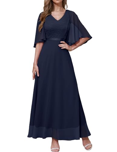 DRESSTELLS Damen Ballkleider Maxilang Chiffon Abendkleider Lang V Ausschnitt Cocktailkleid Navy 2XL