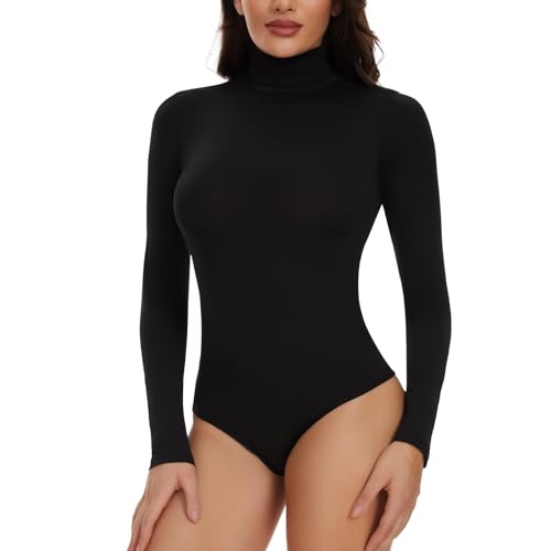 Joyshaper Damen Body Langarm Elegant Bodysuit Stehkragen Oberteil Bluse Langarmbody Langarmshirt Overalls Hemd Long Sleeve Tops Schwarz,M