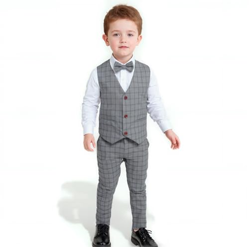 Yilaku Kinder Jungen Anzug Set Kleinkind Jungen Langarm Hemd mit Fliege + Weste + Hose Gentleman Outfits Kleidung Sets (Dunkelgrau, 100)