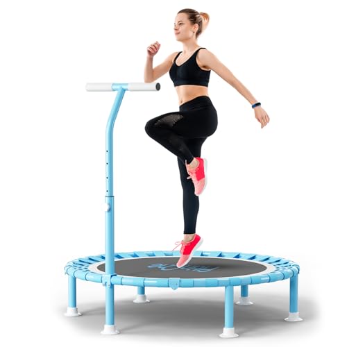FitinOne 200KG Faltbares Fitness Mini Trampolin Ø 102CM mit Bungee Bänder, 5-Fach Verstellbarer Schaumstoffgriff, Cross Jump Indoor-Trampolin für Kinder und Erwachsene