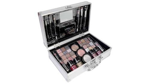 bonvoyage, Bon Voyage Makeup Set, 43-teiliges Schminkset mit Spiegel, Enthält Lippenstift, Lidschatten, Rouge, Nagellack und Mehr, Tragbarer und Modischer Metallkoffer