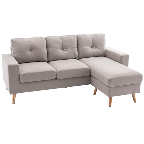 HOMCOM Ecksofa L-Form Sofa mit 3 Kissen, Eckcouch mit Knopfheftung, Leinenoptik, Veränderbare Chaiselounge Couch Wohnlandschaft für Wohnzimmer, Schlafzimmer 193 x 136 x 85 cm Hellgrau