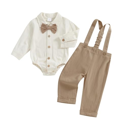 Himllauen Baby Jungen Herbst Gentleman Set Kleinkind Langarm Revers Ausschnitt Shirt Strampler mit Knopfleiste Fliege Hose 2 Stück Neugeborene Jungen Winter Outfits, Khaki a, 0-3 Months