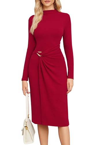 Newshows Strickkleid Damen Winter Herbst Langarm Herbstkleid Winterkleid Elegant Rollkragen Hochzeit Kleid Rot,L