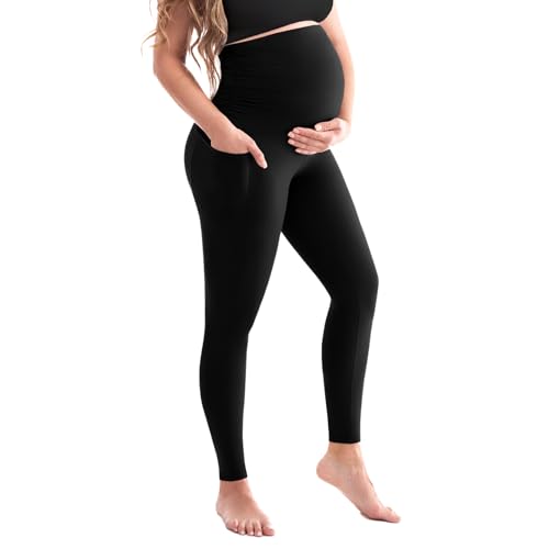 SINOPHANT Damen Umstandsleggings Hohe Taille Umstandshosen mit Taschen Blickdichte Schwangerschaftsleggings Weiche Elastische Umstandsmode Zuhause Yoga L