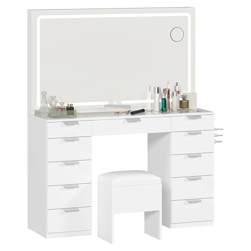 DWVO Schminktisch mit Spiegel, Kosmetiktisch mit 11 Schubladen, Beleuchtung, Steckdose, Weiß (Make Up Tisch, Frisiertisch, Kosmetiktisch, Vanity Table)