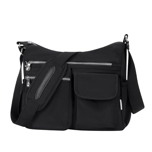 NOTAG Umhängetasche Damen, Leichte Mehrfach-Taschen Schultertasche Damen Wasserdicht Nylon Handtasche Umhängetasche (Schwarz-Neu)
