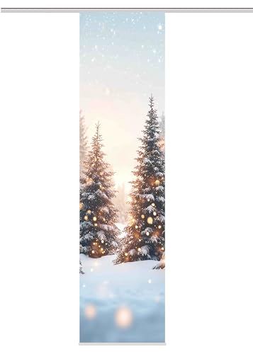 Home WOHNIDEEN | Schiebevorhang Dekostoff Seidenoptik Digitaldruck SCHNEETANNEN - inkl. Paneelwagen und Aluklemmleiste, 245 x 60 cm | Weihnachten