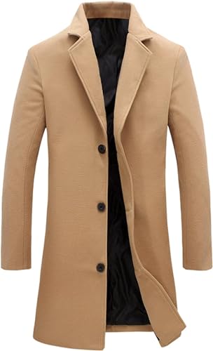 Springrain Herren Wollmischung Erbsenmantel gekerbter Kragen Einreiher Mantel Warm Winter Trenchcoat, Khaki, M