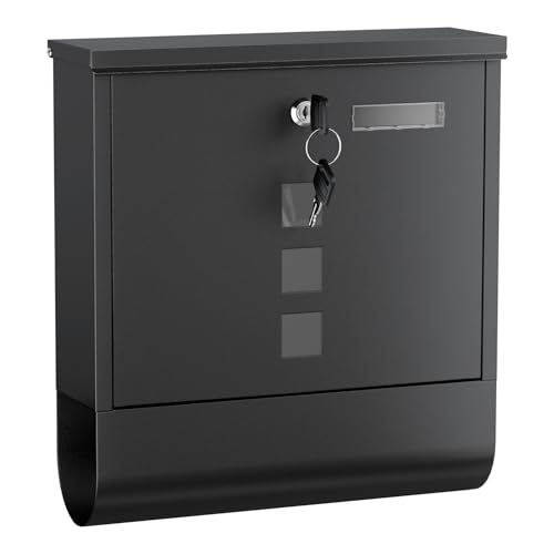 Wiltec Briefkasten mit Zeitungsrolle, schwarz, 305 x 100 x 338 mm, Wandbriefkasten mit Namensschild, Sichtfenstern, Schloss und Zeitungsrolle, Postkasten aus pulverbeschichtetem Stahl