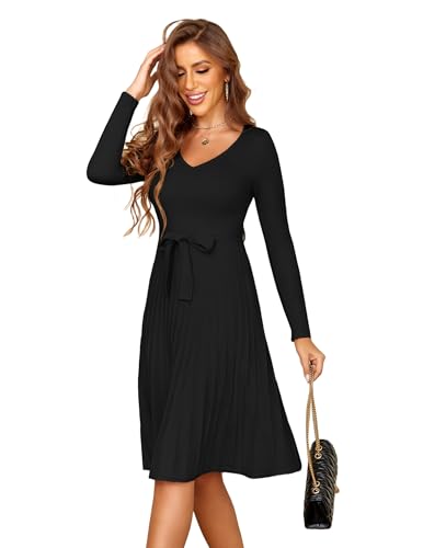 Zeagoo Strickkleid Damen Pulloverkleid V-Ausschnitt Langarm Herbstkleid A-Linie Plissee Kleider Winter Elegant Tunikakleid mit Gürtel Schwarz L