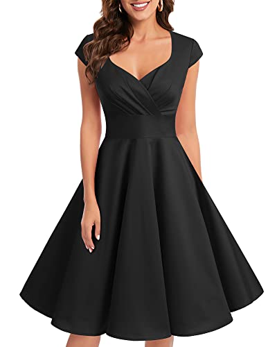 bbonlinedress 1950er Vintage Retro Cocktailkleid Rockabilly V-Ausschnitt Faltenrock Black XL