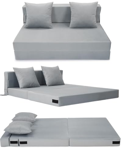 HAUSPROFI Schlafsofa mit Bezug aus Samtstoff & 2 Kissen, Bezug Abnehmbar, Waschbar, Klappmatratze mit Hochelastischer PU-Schwamm, Liegefläche 140CM x 200CM (Grau)