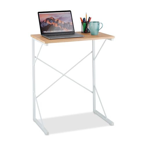 Relaxdays Schreibtisch, Kleiner Büro Tisch, Mini Computertisch, HBT: 75x60x40 cm, Arbeitstisch, MDF & Eisen, weiß/braun