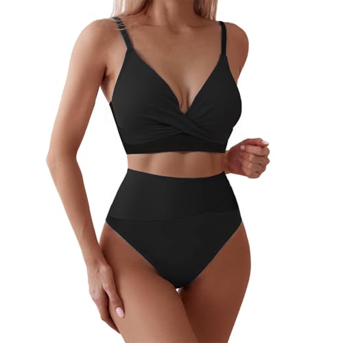 SNUOEN Damen Zweiteiliger Badeanzug V Ausschnitt überkreuztes Bikini Bademode Bauchkontrolle Bikini Sets