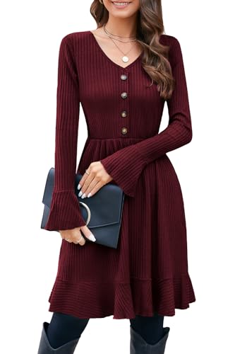 ULTRANICE Strickkleid Damen Herbstkleid Winterkleid V Ausschnitt Pulloverkleid mit Deko Knopf Herbst Winter Kleid (Dark Red, S)