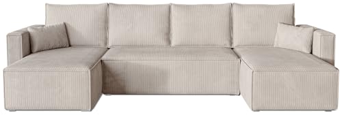 BROMARKT Ecksofa mit Schlaffunktion Sofa Cord Eckcouch mit Bettkasten Wohnzimmer Möbel U Form Couch dreisitzer Kissen groß 305x145x74 cm Schlafsofa Wohnlandschaft TOP U Creme