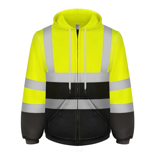 Graunton Warnschutz Pullover Herren Mit Reißverschluss, Warnschutzjacke für Männer und Frauen,Reflektierendes Sweatshirt für Baustelle,Flughafen,Aktivitäten im Freien, Gelb schwarz, XL.