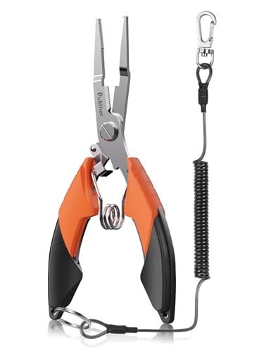 pullther Angelzange, Angelausrüstung, Angel Zubehör, Multifunktions-Angeln Zangen, rutschfest, Hakenlöser, PE-Schnurschneiden, Leicht, mit Stoßseil - Orange