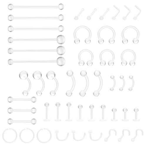 Tucnoeu 48pcs Piercing Set Transparent Acryl Piercing Nasenring Nasenstecker Lippenring Septum Augenbraue Zunge Industrial Piercing Acryl für OP Schmuck Kit