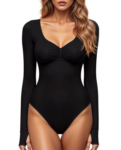 GJY Damen Bodysuit mit Quadratischem V-Ausschnitt, Sexy Oberteile Mode Langarm Going Out Tops Stretchy Körper Anzug,Schwarz