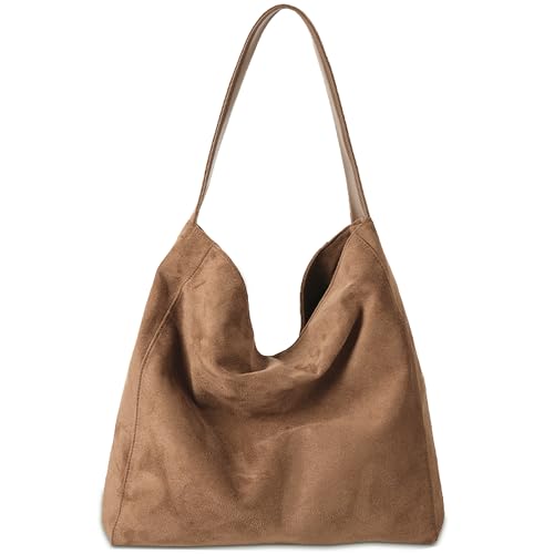 Gluckstar Handtasche Damen Groß, Künstliche Wildleder Tasche Damen, Elegante Shopper Tasche für Frauen, Modische Schultertasche für Freizeit, Arbeit, Reisen, Braun