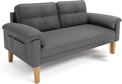 Kerting Sofa 2 Sitzer, Kleine Couch 2 Sitzer mit Armlehne und Seitentasche, Modernes Stoffcouch für Wohnzimmer,Wohnung (Dunkelgrau)